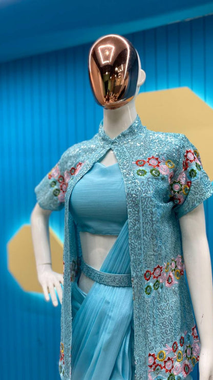 Sky Blue Chinon Ready-to-Wear Saree with Sequin Half Sleeve Koti
