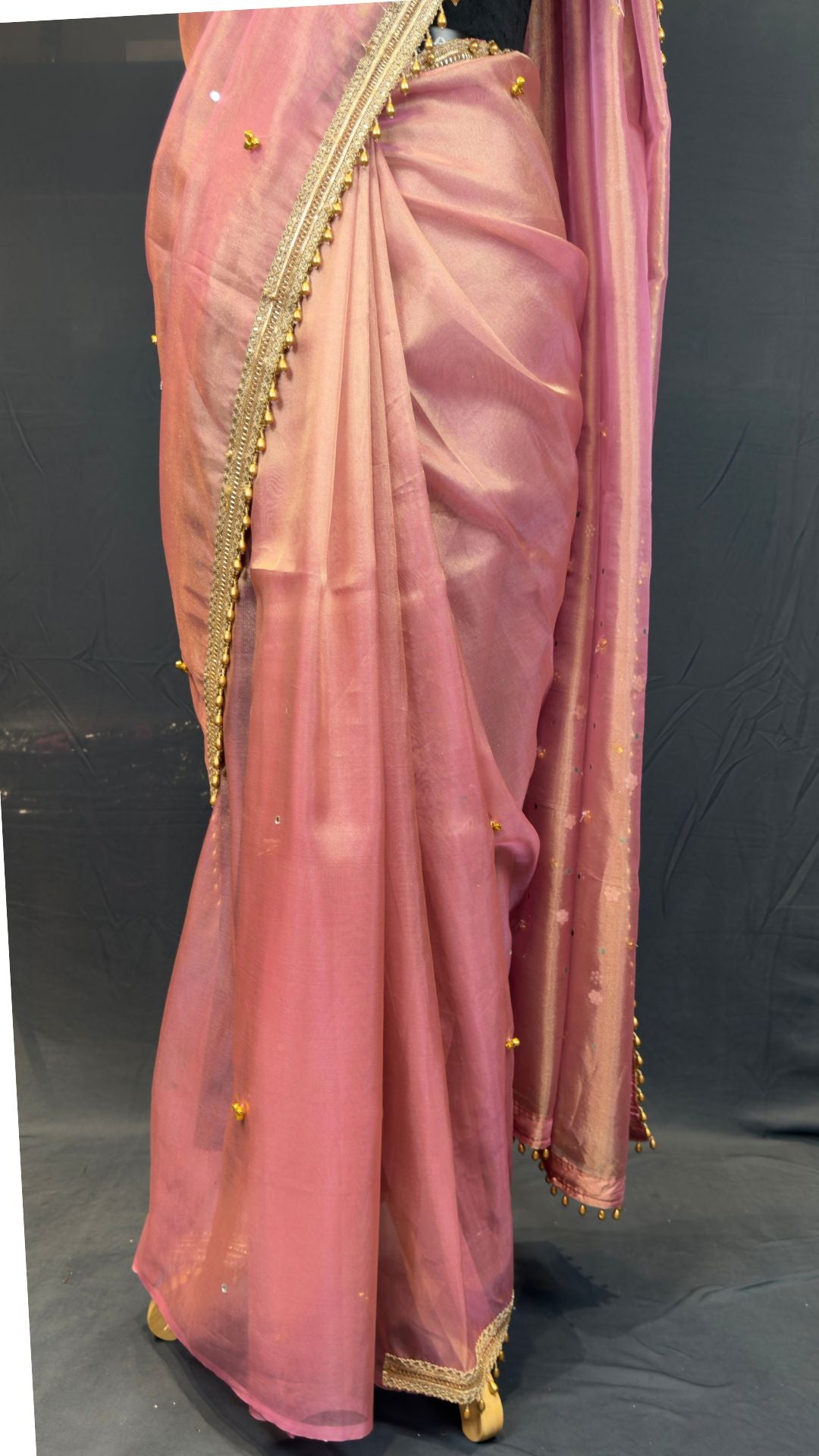 Pink Tissue Ghungroo Mirror Work Saree