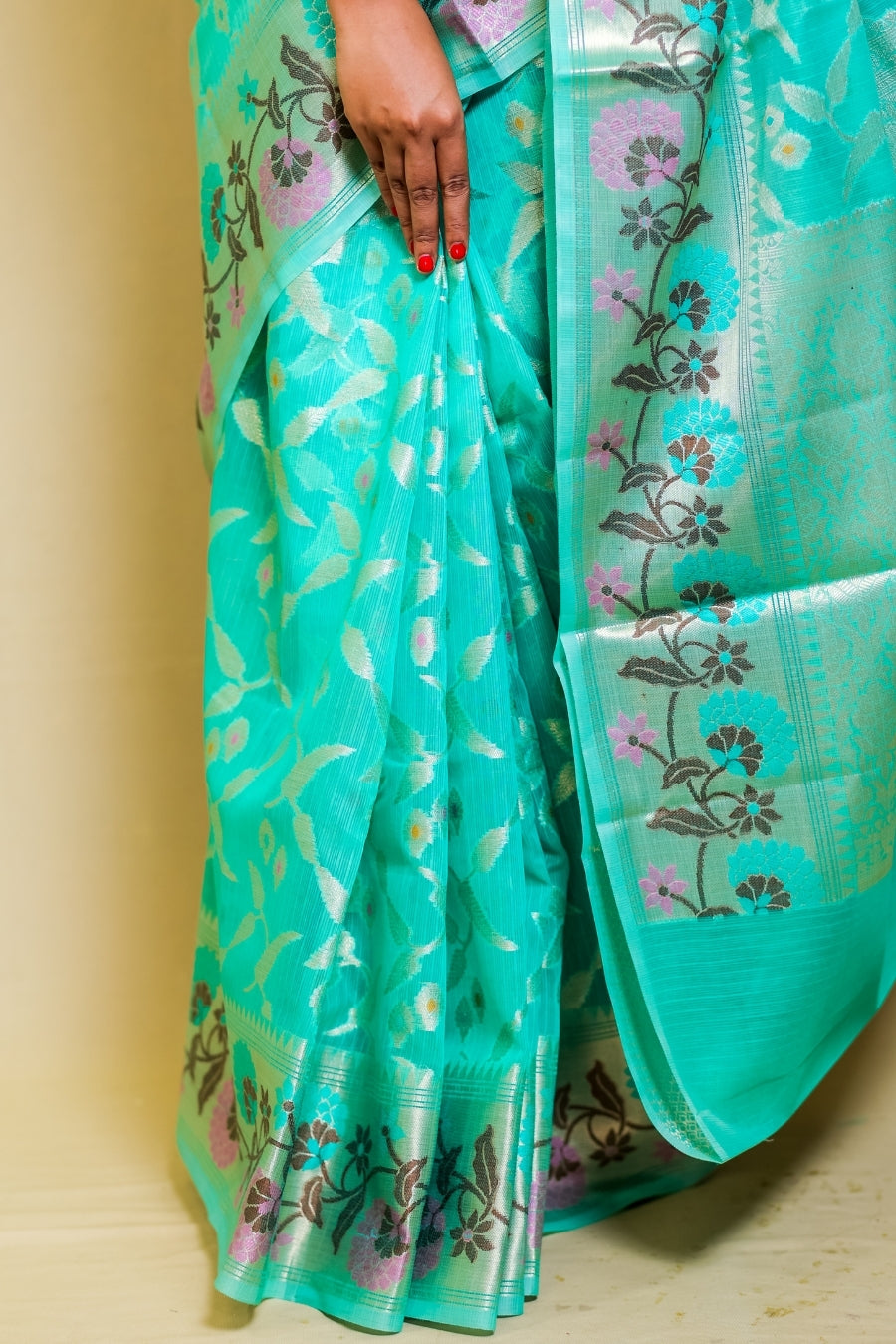 Banarashe Aqua Blue SuperNet Banarasi Kora Paithani Saree
