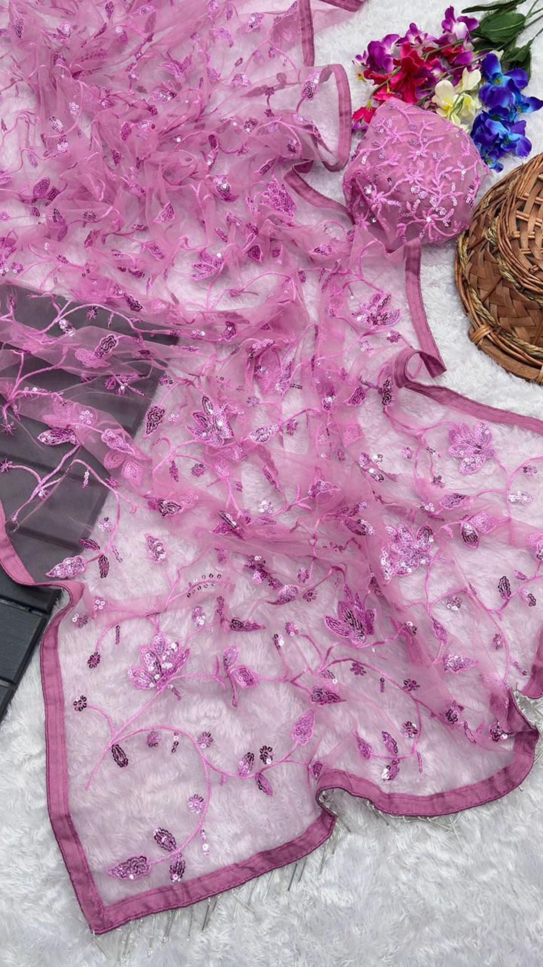 Pink Designer Party Wear Saree with Heavy Sequin Embroidery Work on Butterfly Net Fabric