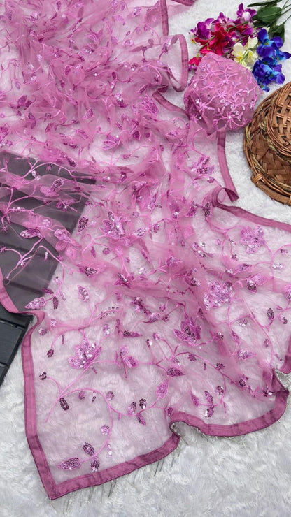 Pink Designer Party Wear Saree with Heavy Sequin Embroidery Work on Butterfly Net Fabric