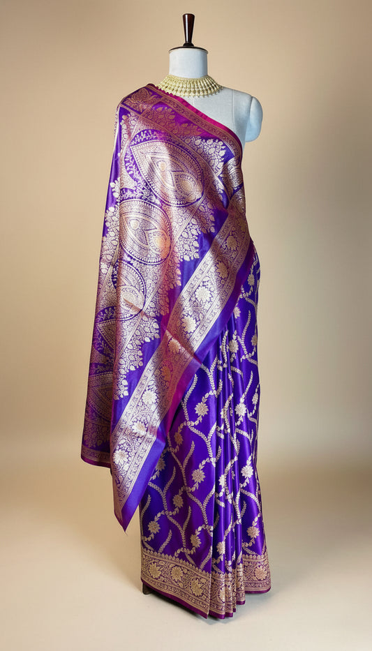 Majestic Purple & Gold Silk Saree - Banarasi Brocade Weave