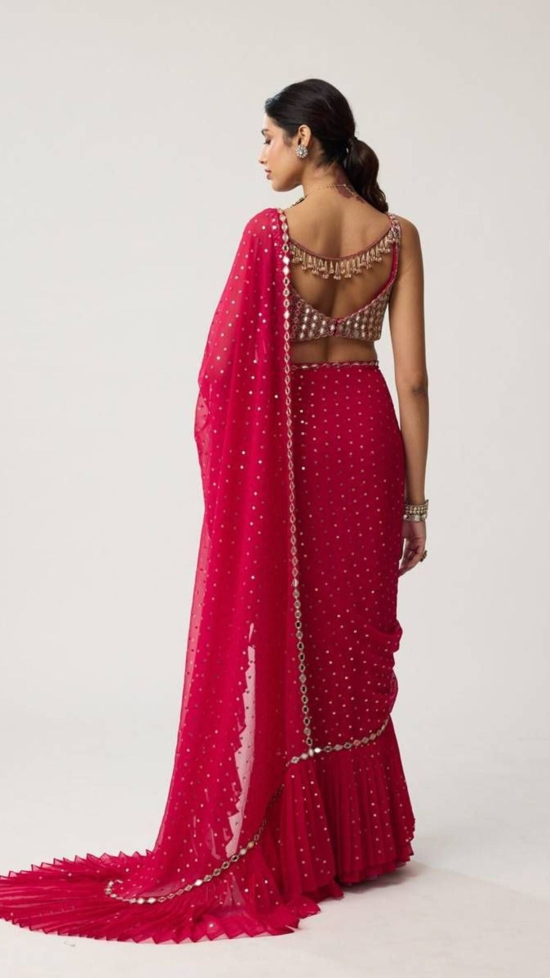 Red Sequin Crush Pleated Saree with Mirror Blouse