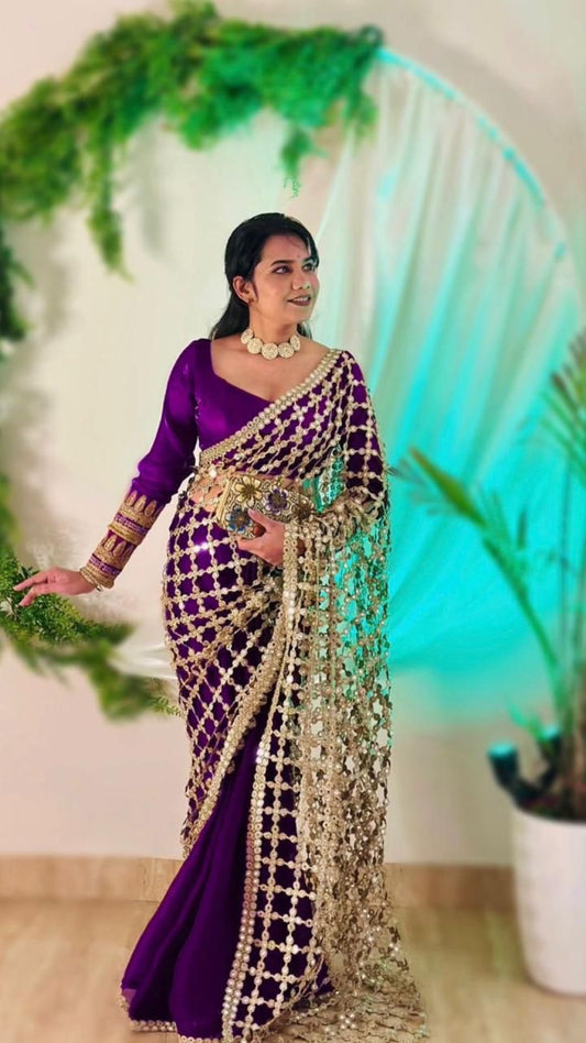 Royal Purple Mirror Work Satin Silk Saree with Designer Blouse