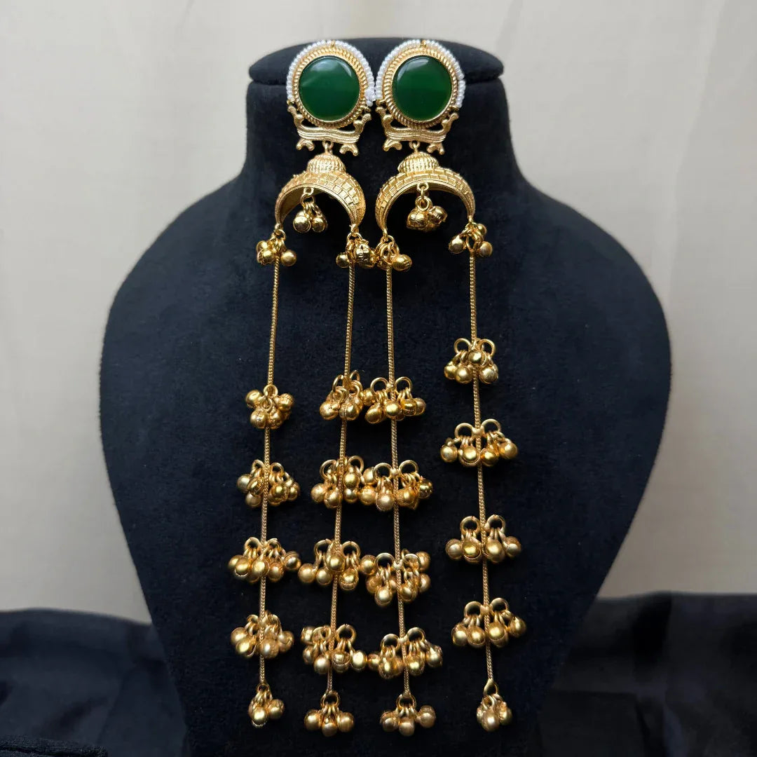 Banarashe Crescent Chain Earrings Green Gemstone Brass Danglers - Baranashe - Banarashe Crescent Chain Earrings Green Gemstone Brass Danglers
