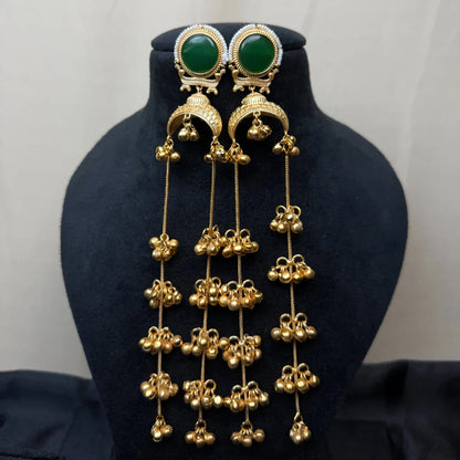 Banarashe Crescent Chain Earrings Green Gemstone Brass Danglers - Baranashe - Banarashe Crescent Chain Earrings Green Gemstone Brass Danglers