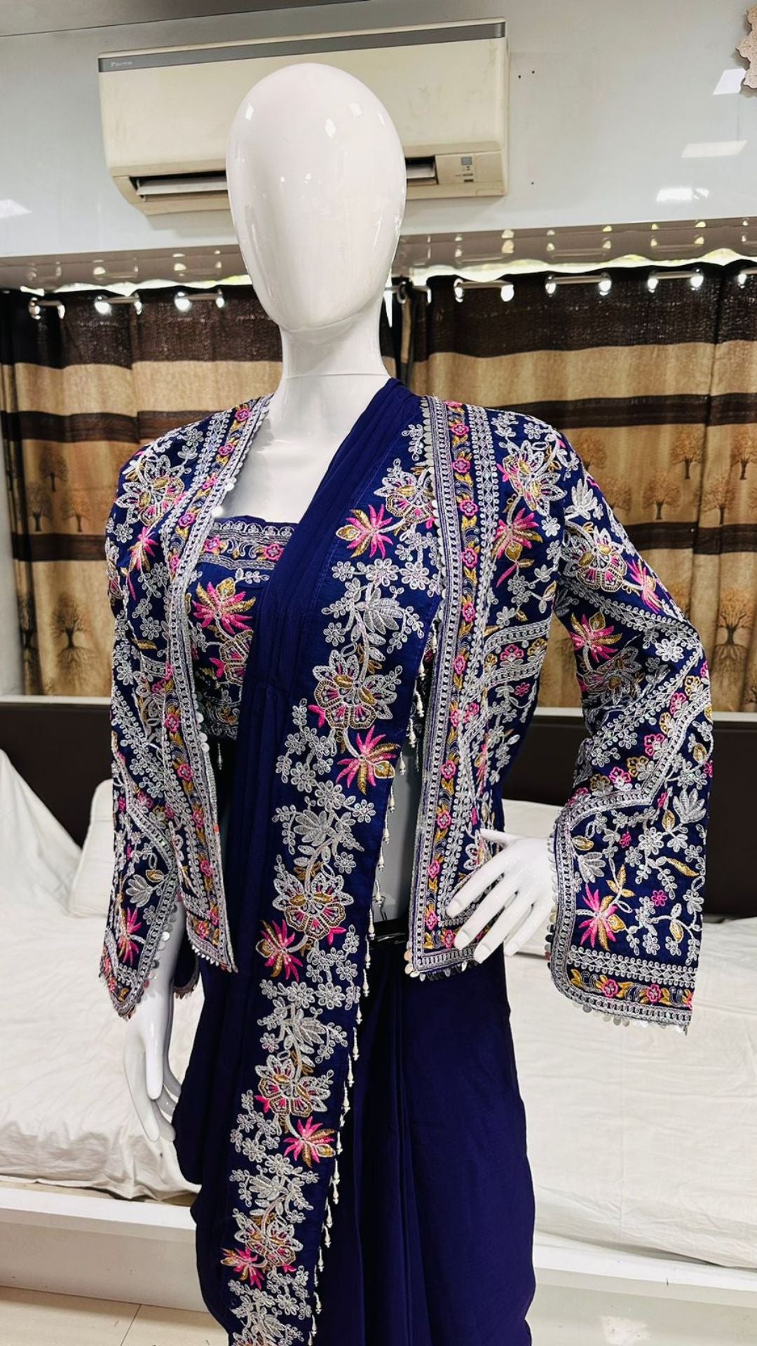 Purple Ready-to-Wear Chinon Saree with Embroidered Koti Jacket & Banglori Silk Blouse