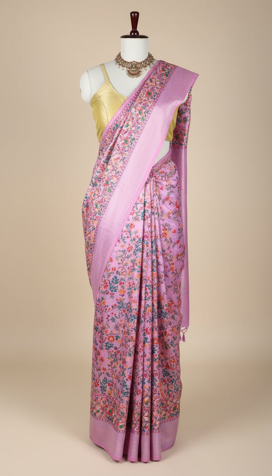 Exquisite Pink Floral Digital Print Saree with Gold Woven Border