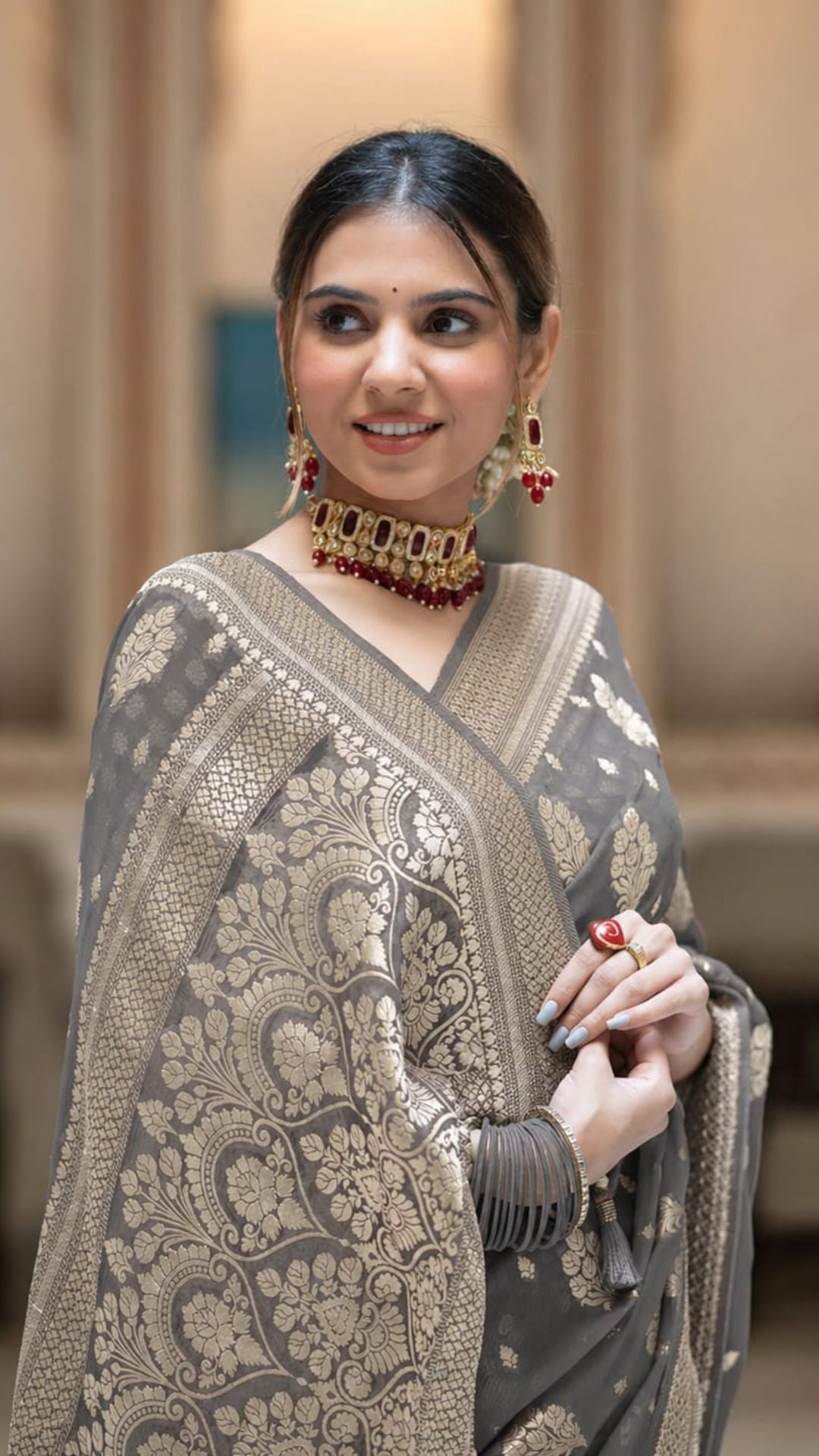 Elegant Grey Banarasi Georgette Silk Saree with Zari Work