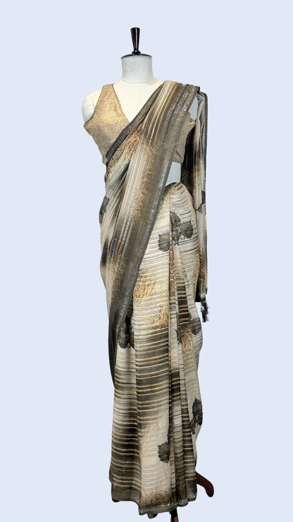 Beige Printed Synthetic Saree with Leaf Print