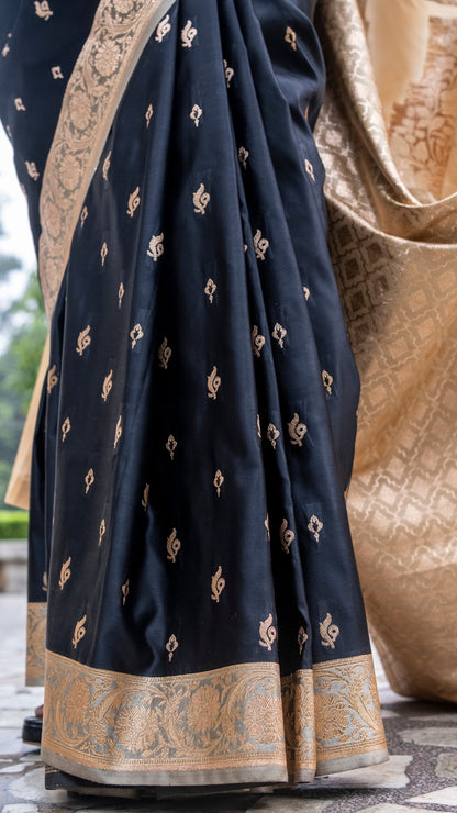 Black and Gold Border Katan Mashru Silk Saree
