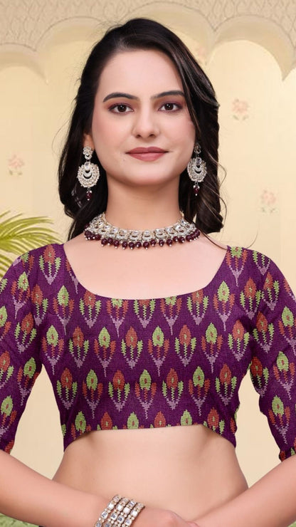 Purple & Grey Mal Cotton Printed Saree with Designer Blouse Piece