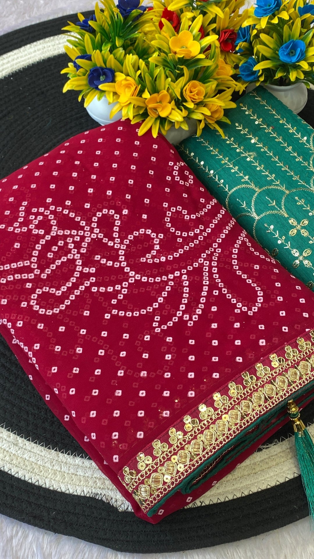 Rani Pink Georgette Bandhani Saree with Bottle Green Contrast Blouse