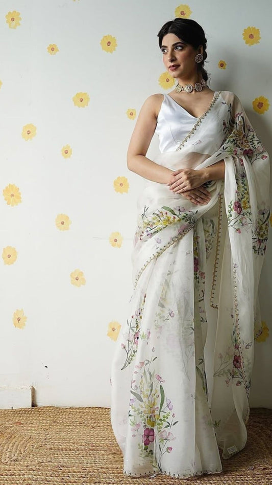 Ivory Floral Tabby Silk Saree with Sequins & Katdana Handwork