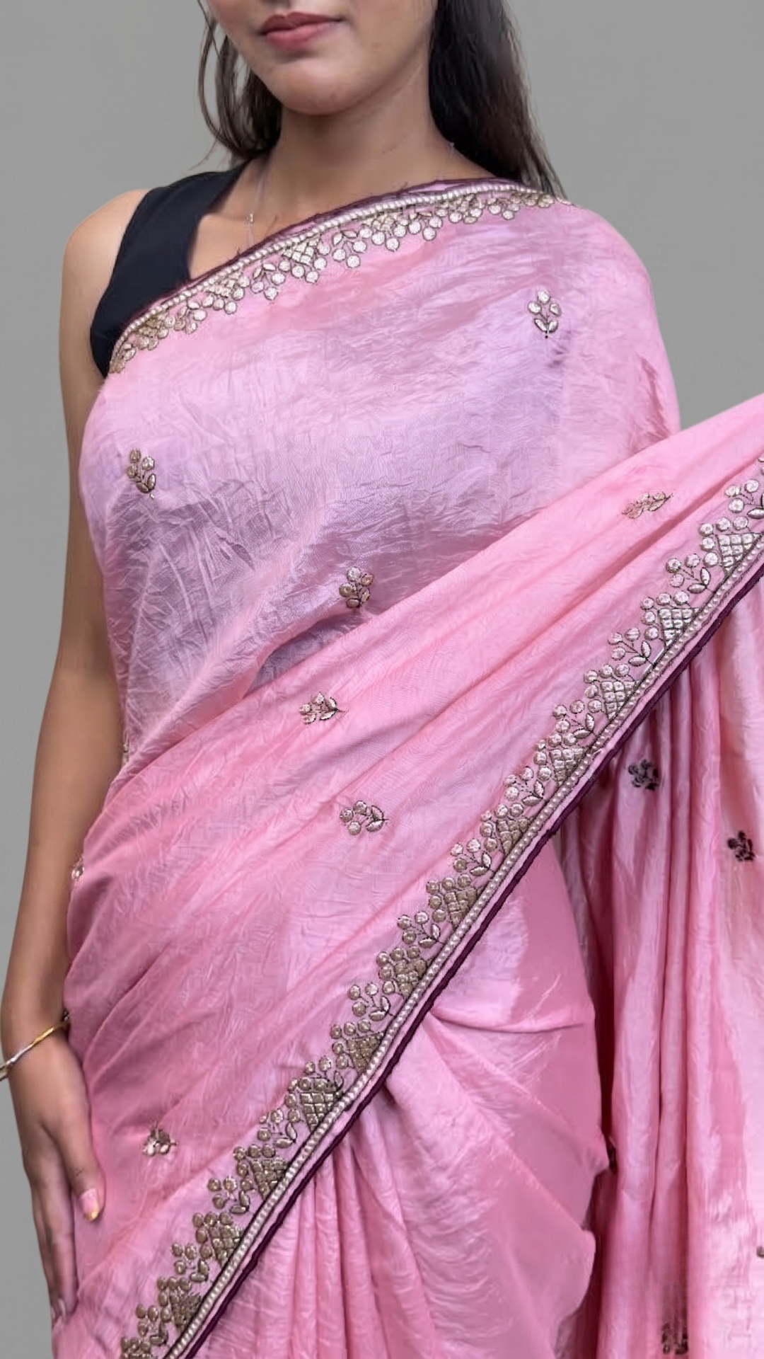 Banarashe Blush Pink Tissue Saree with Delicate Zari Border