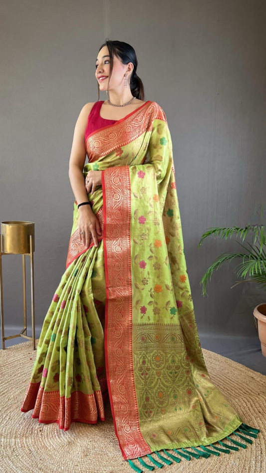 Organza Tissue Silk Saree with Zari Weaving & Contrast Border