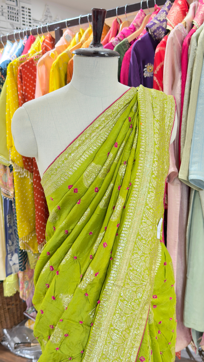 Banarashe Women’s Lime Green Banarasi Saree with Golden Buti Motifs & Woven Paisley Border