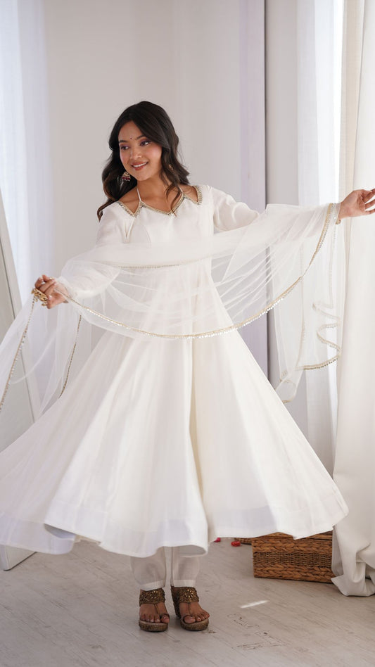 Off White Roman Silk Chanderi Anarkali Suit Set for Women
