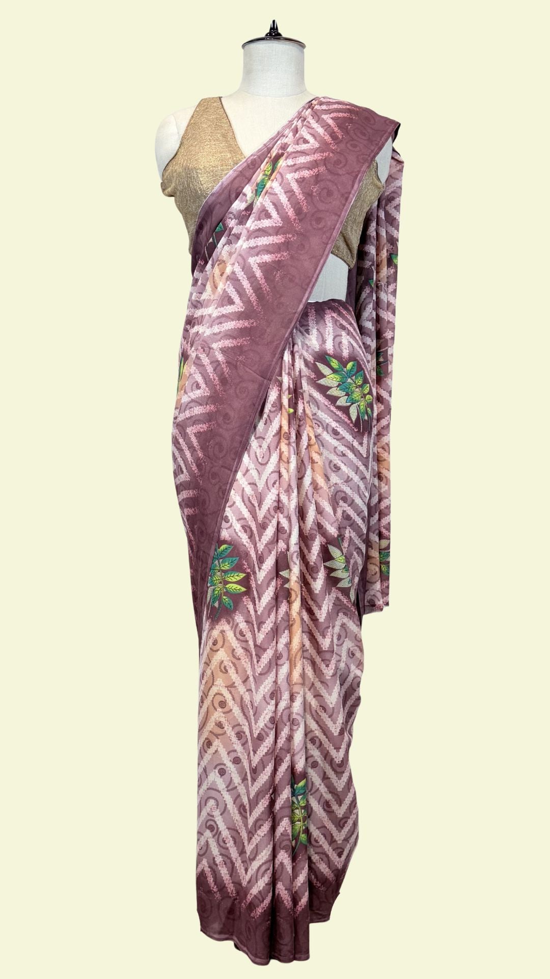 Dusty Pink Printed Synthetic Saree