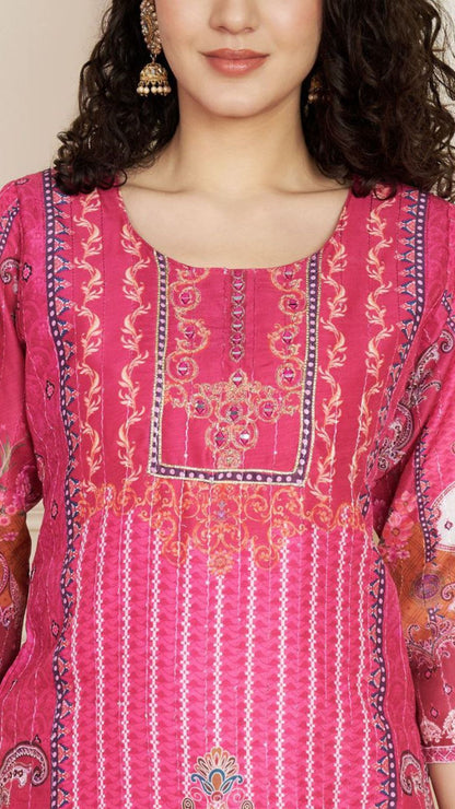 Lilac Soft Muslin Pakistani Suit – Hand Embroidered Kurti Set with Real Mirror Work