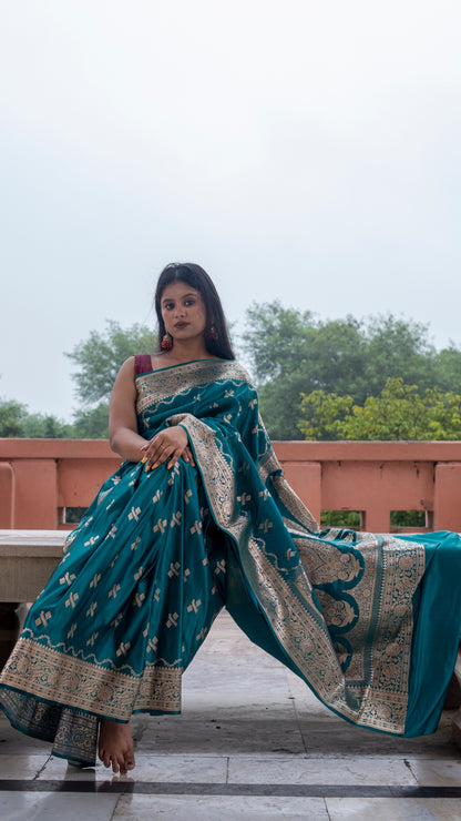 Dark Teal Blue Katan Mashru Silk Saree