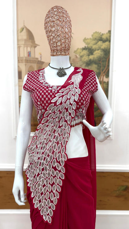 Mahroon Faux Georgette Ready-to-Wear Drape Saree