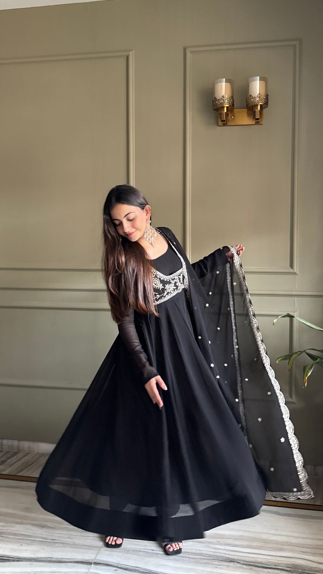 Premium Black Fox Georgette Anarkali Suit Set