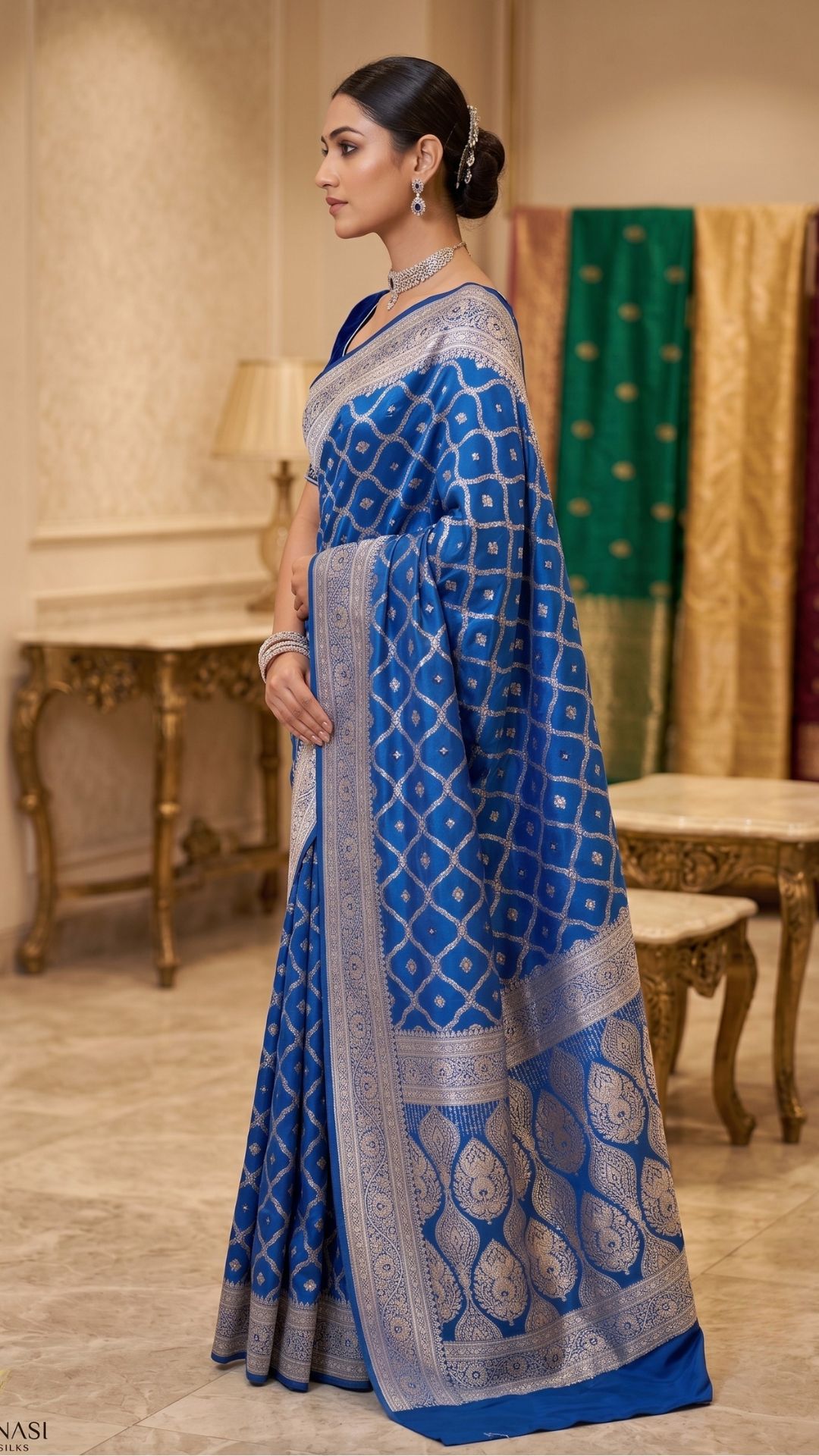 Banarashe Royal Blue Mashru Silk Saree with Silver Zari Woven Geometric Motifs, Designer Border & Pallu