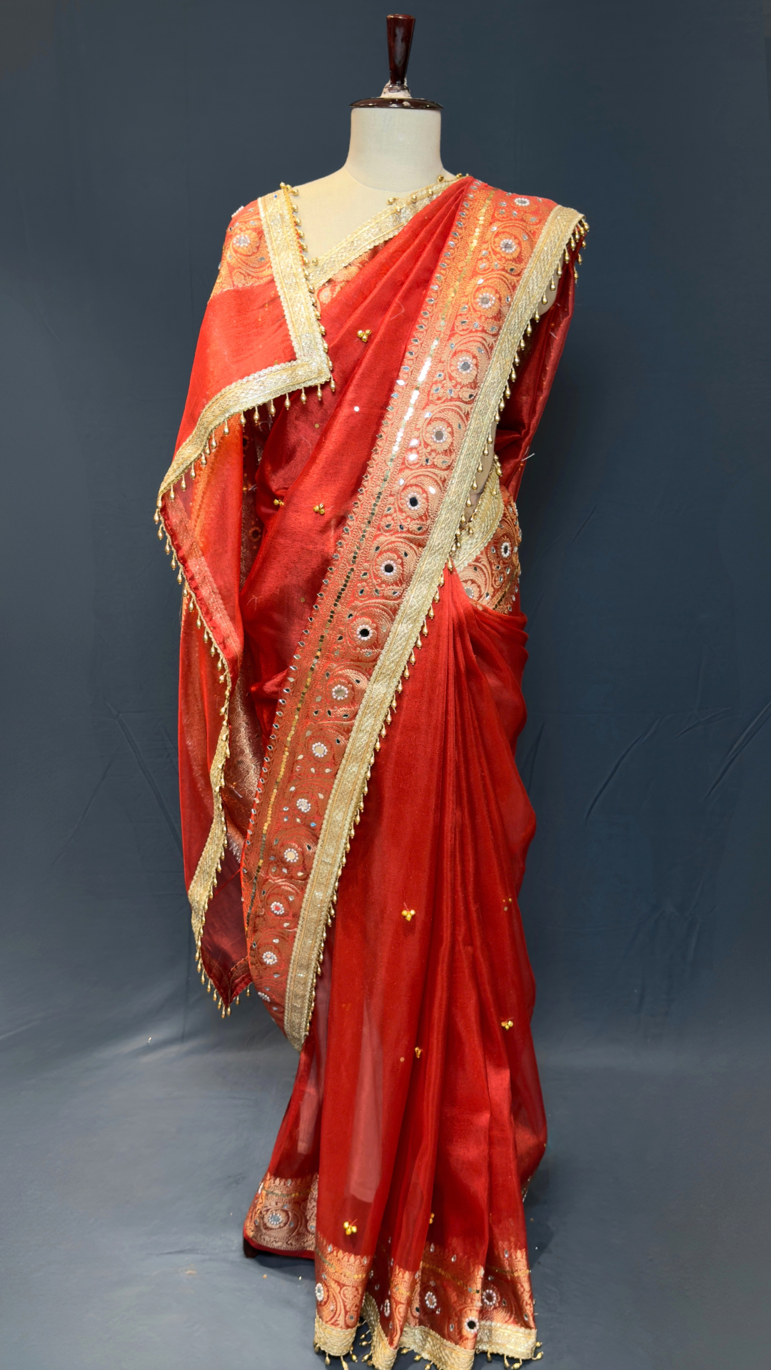 Red Tissue Ghungroo & Mirror Work Saree with Designer Border