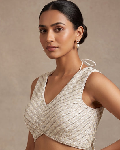 Pearl Chevron V-Neck Blouse in Ivory