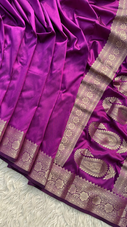 Banarashe Luxurious Royal Purple Banarasi Silk Saree with Gold Zari Paisley Pallu
