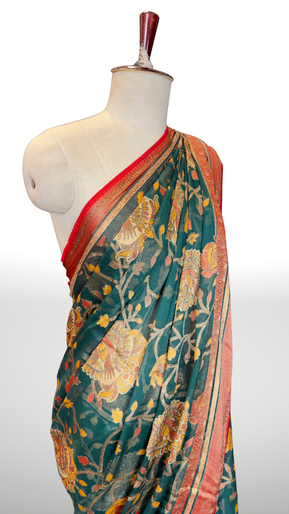 Banarashe Teal Green Floral Printed Georgette Saree with Peach & Gold Traditional Border