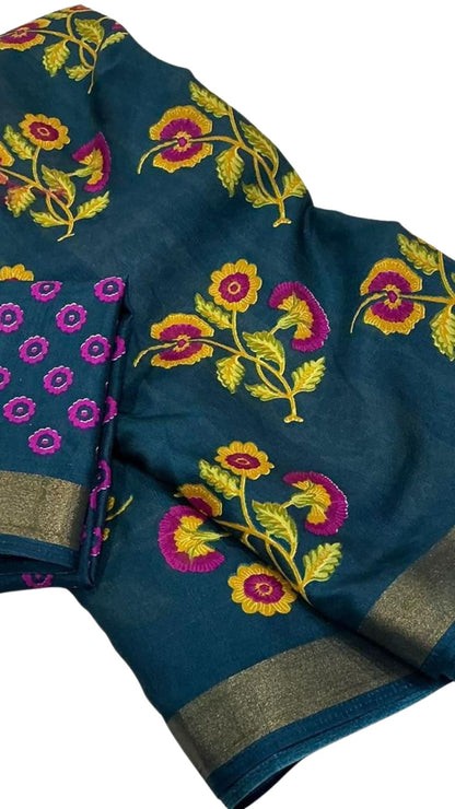 Blue Soft Cotton Crape Saree with Zari Pattu Border