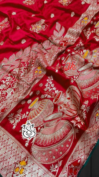 Pure Red Dola Banarasi Saree with All-Over Zari Weaving