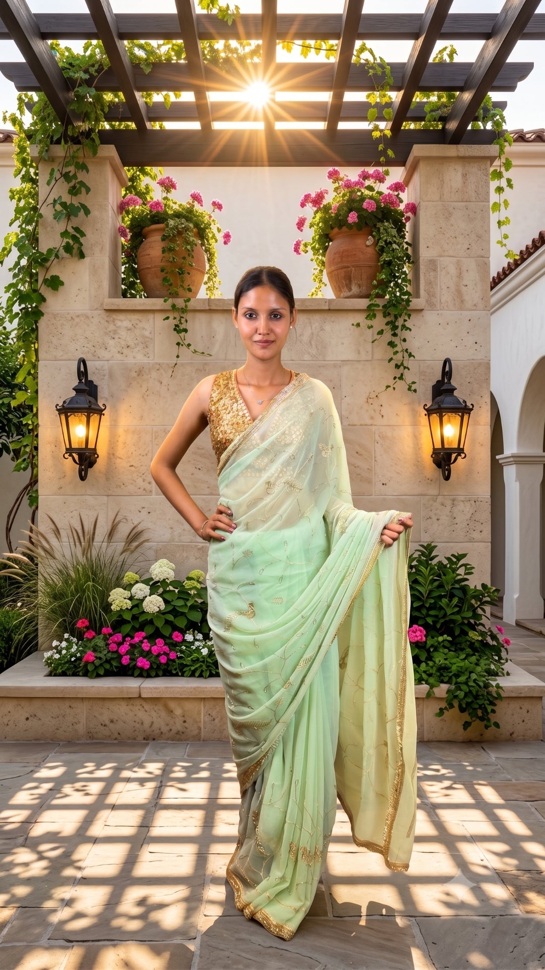 Pastel Mint Green Organza Saree with Golden Embroidery & Lace Border