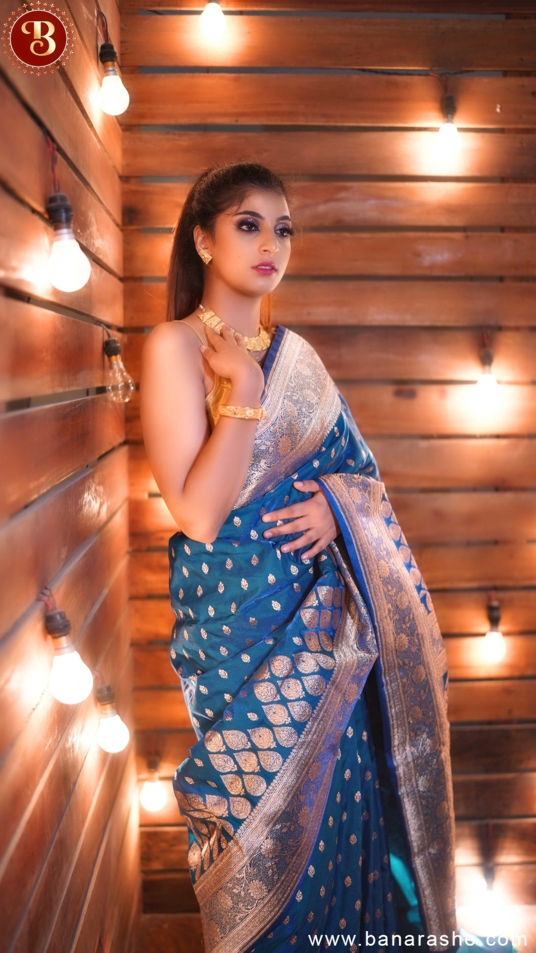 Peacock Blue Pure Katan Silk Banarasi Saree