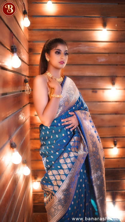 Peacock Blue Pure Katan Silk Banarasi Saree
