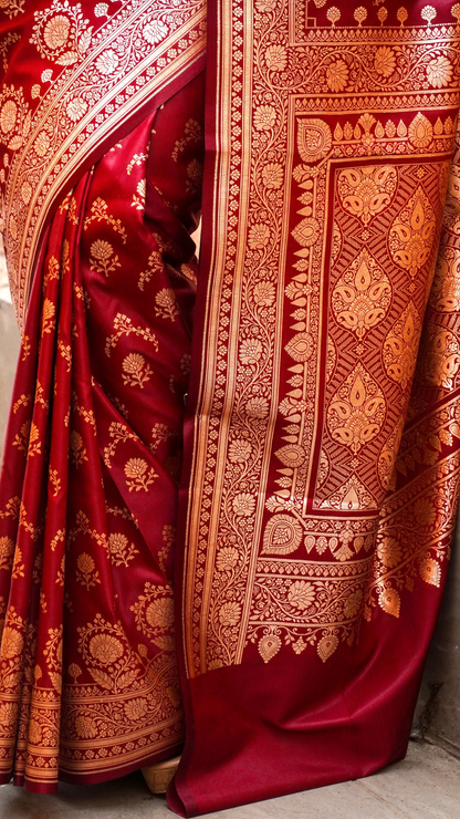 Deep Cherry Red Banarasi Silk Saree with Classic Gold Zari