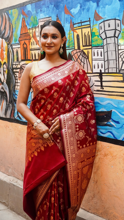 Deep Cherry Red Banarasi Silk Saree with Classic Gold Zari