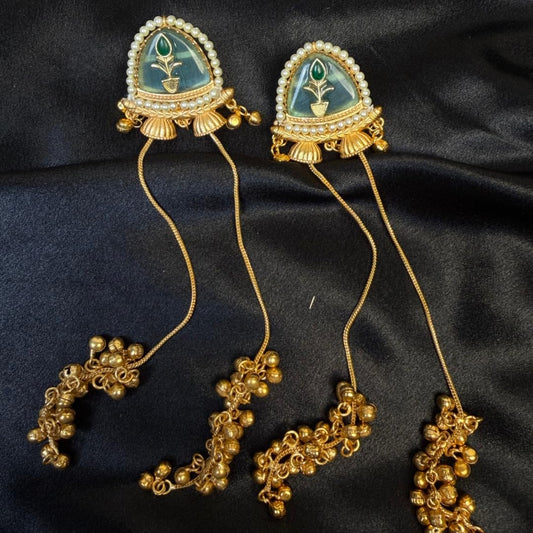 Gold Plated Kashmiri Jhumka Earrings with Blue Stone Stud & Pearl Border