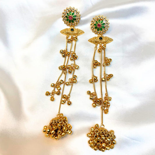Kashmiri Gold-Plated Long Chain Jhumka Earrings with Dense Ghungroo Clusters