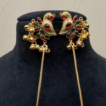 Gold Plated Peacock Jhumka Earrings with Red & Green Stones