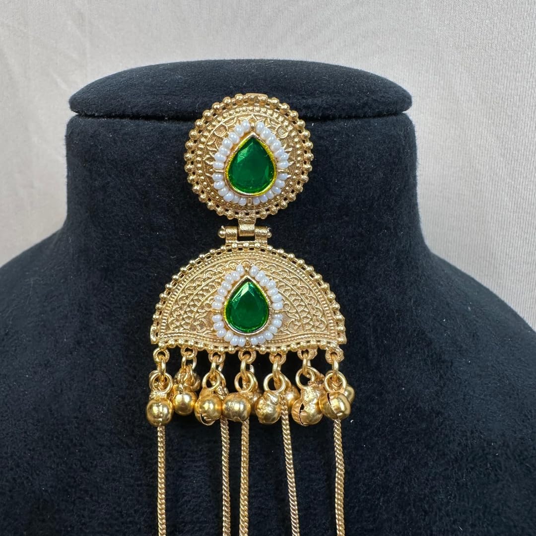 Gold Plated Chandbali Jhumka Earrings with Green Stone & Pearl Detailing