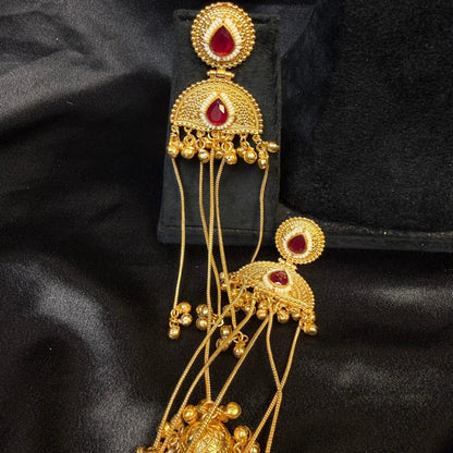 Gold Tone Kashmiri Chandbali Jhumka Earrings with Red Teardrop Stone & Pearl Border