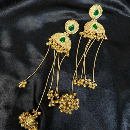 Gold Plated Chandbali Jhumka Earrings with Green Stone & Pearl Detailing