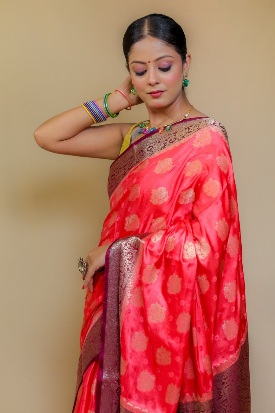 Luxurious Red/Rani Pink Banarasi Katan Satin Mashru Silk Saree with Contrast