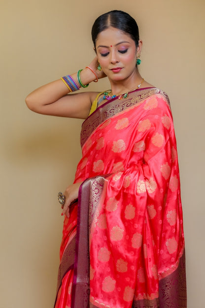 Luxurious Red/Rani Pink Banarasi Katan Satin Mashru Silk Saree with Contrast