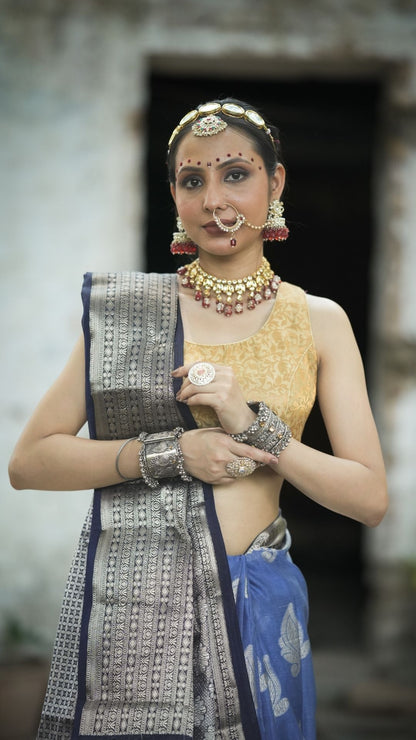 Georgette Dyble Fabric Saree – Royal Blue with Silver Zari Scuet Border