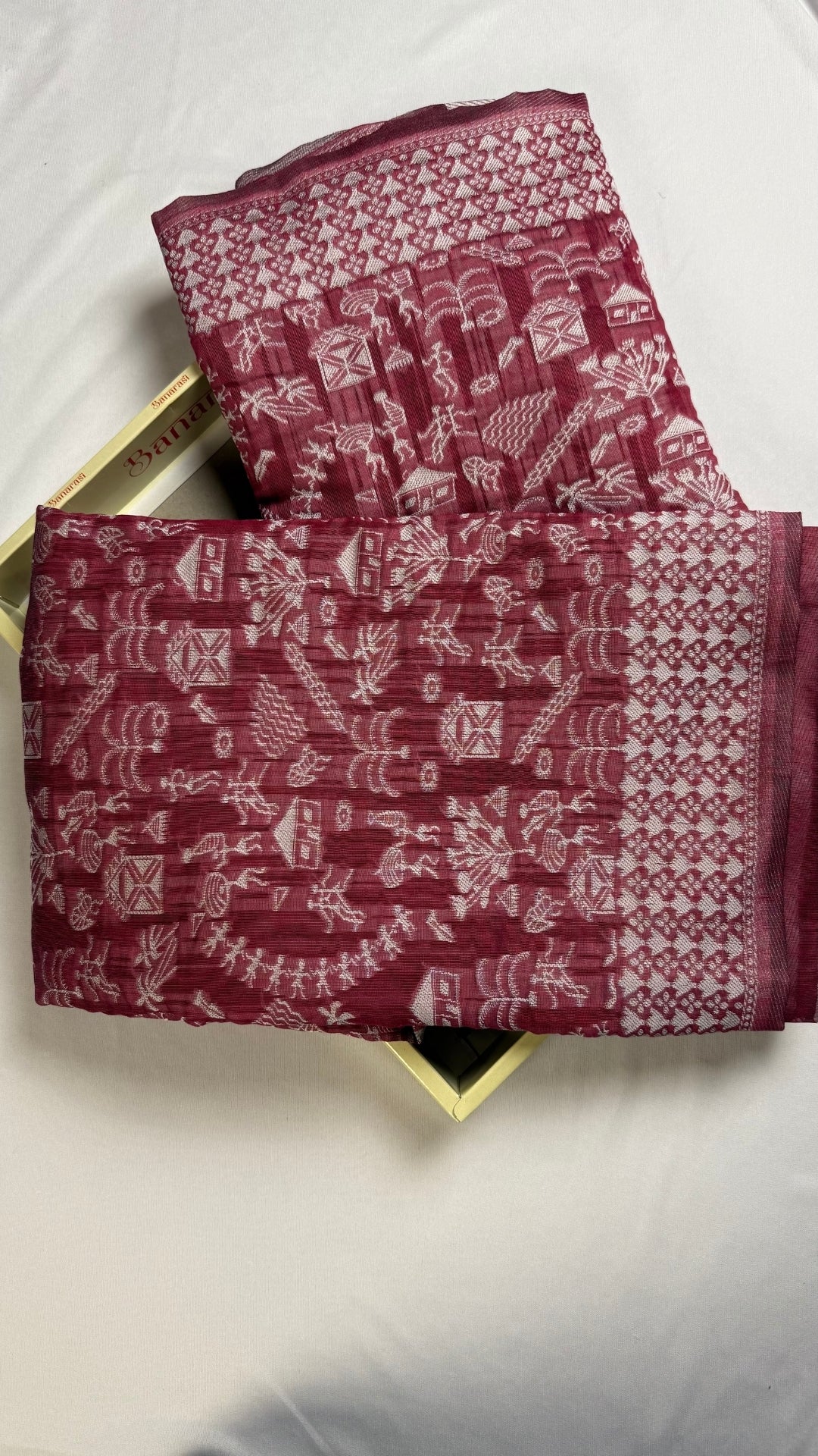 Banarashe Pure Georgette Banarasi Saree in Maroon with Village Scene Weave