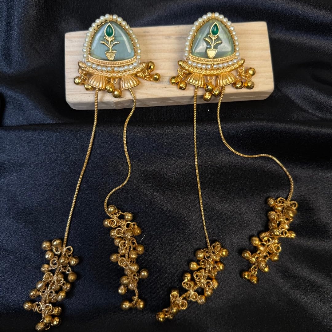 Gold Plated Kashmiri Jhumka Earrings with Blue Stone Stud & Pearl Border
